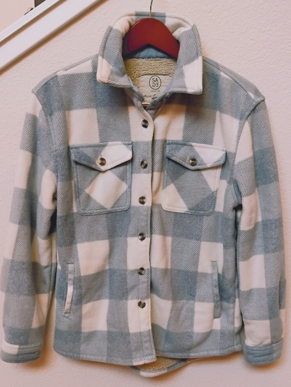 Sage Women's Sherpa Lined Blue & White Plaid Button-Up Jacket